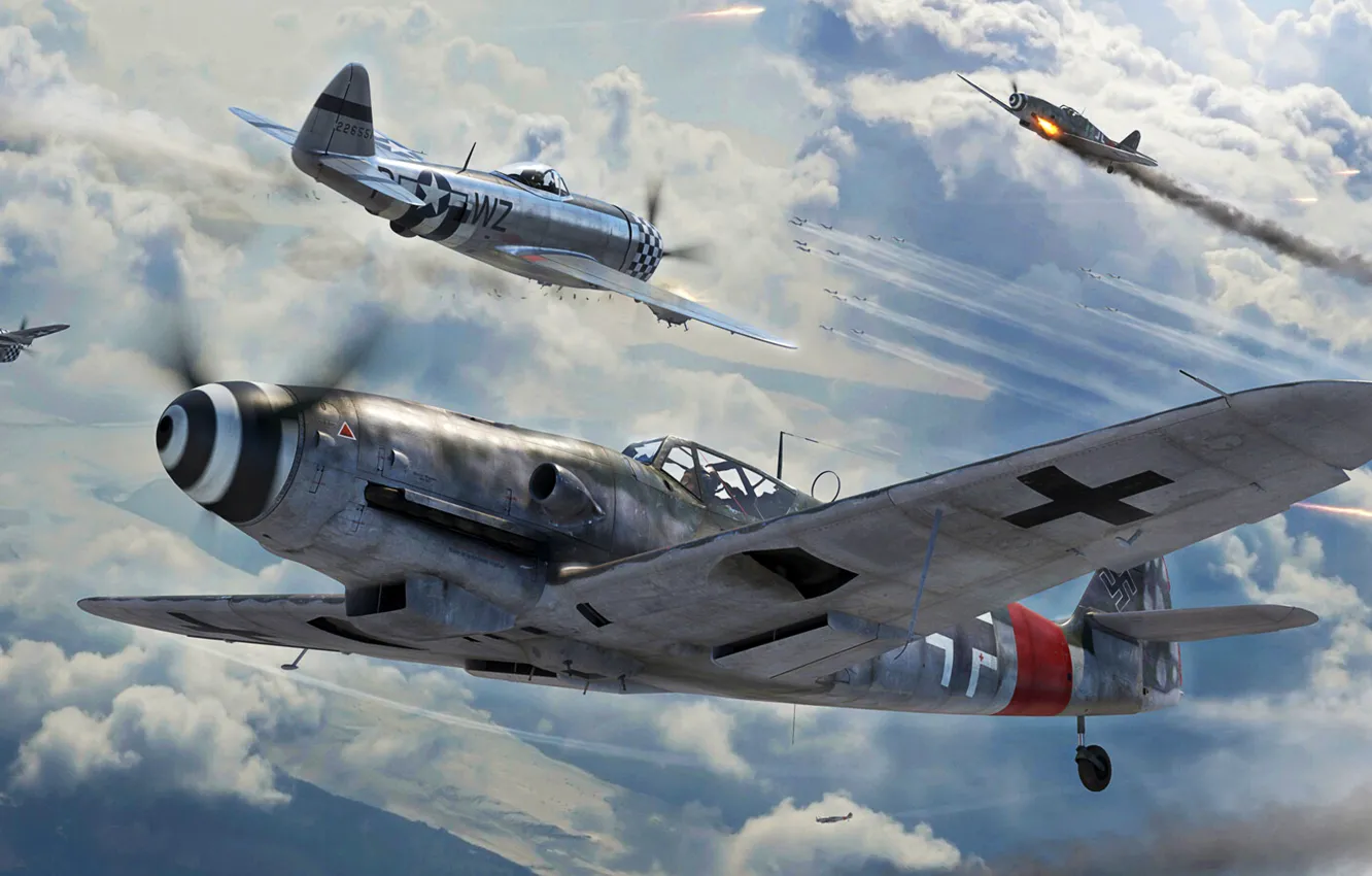 Фото обои Истребитель, Thunderbolt, USAF, Bf-109, Luftwaffe, Bf.109G-10, P-47D