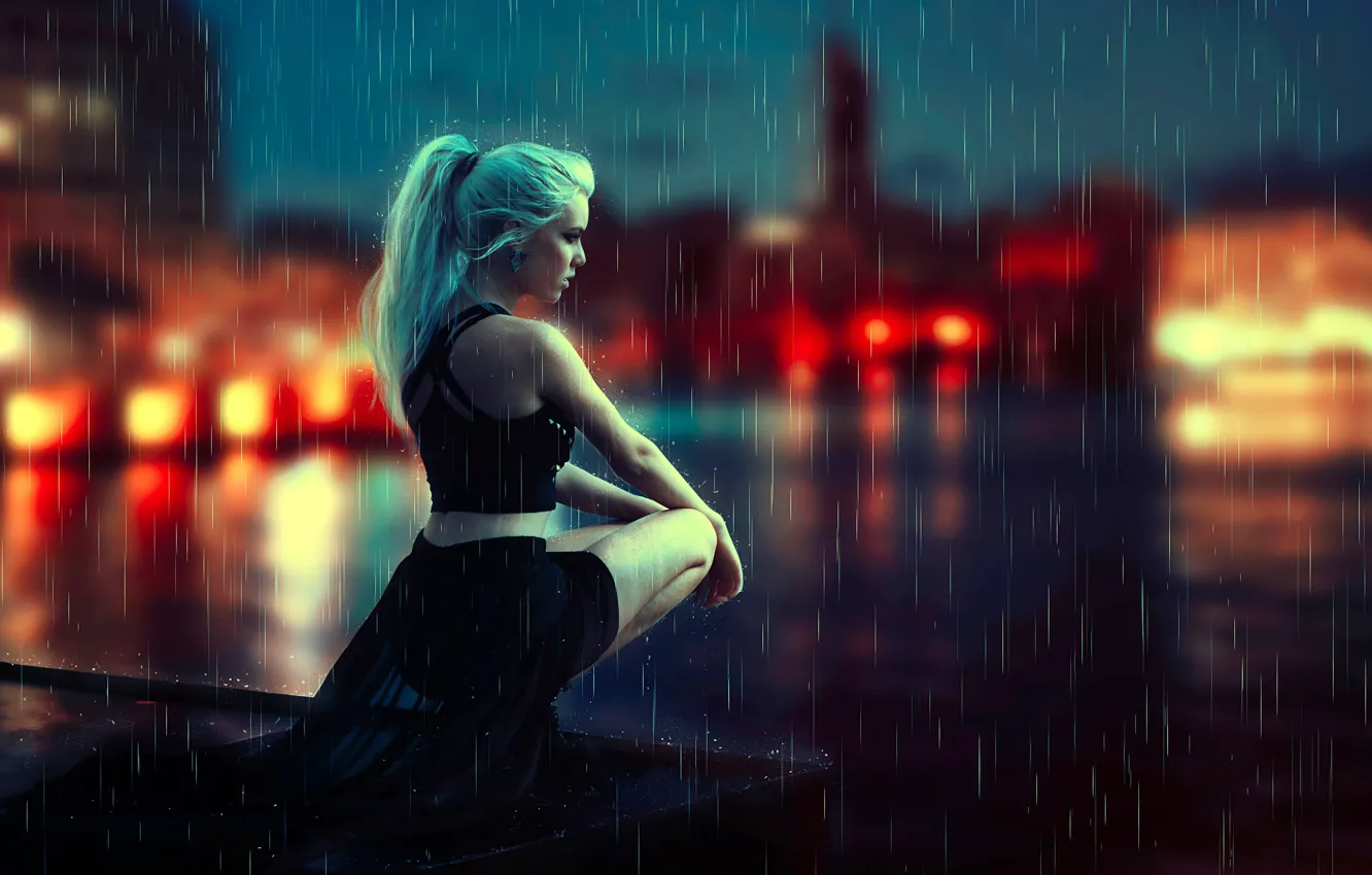 Фото обои девушка, ночь, дождь, настроение, на корточках