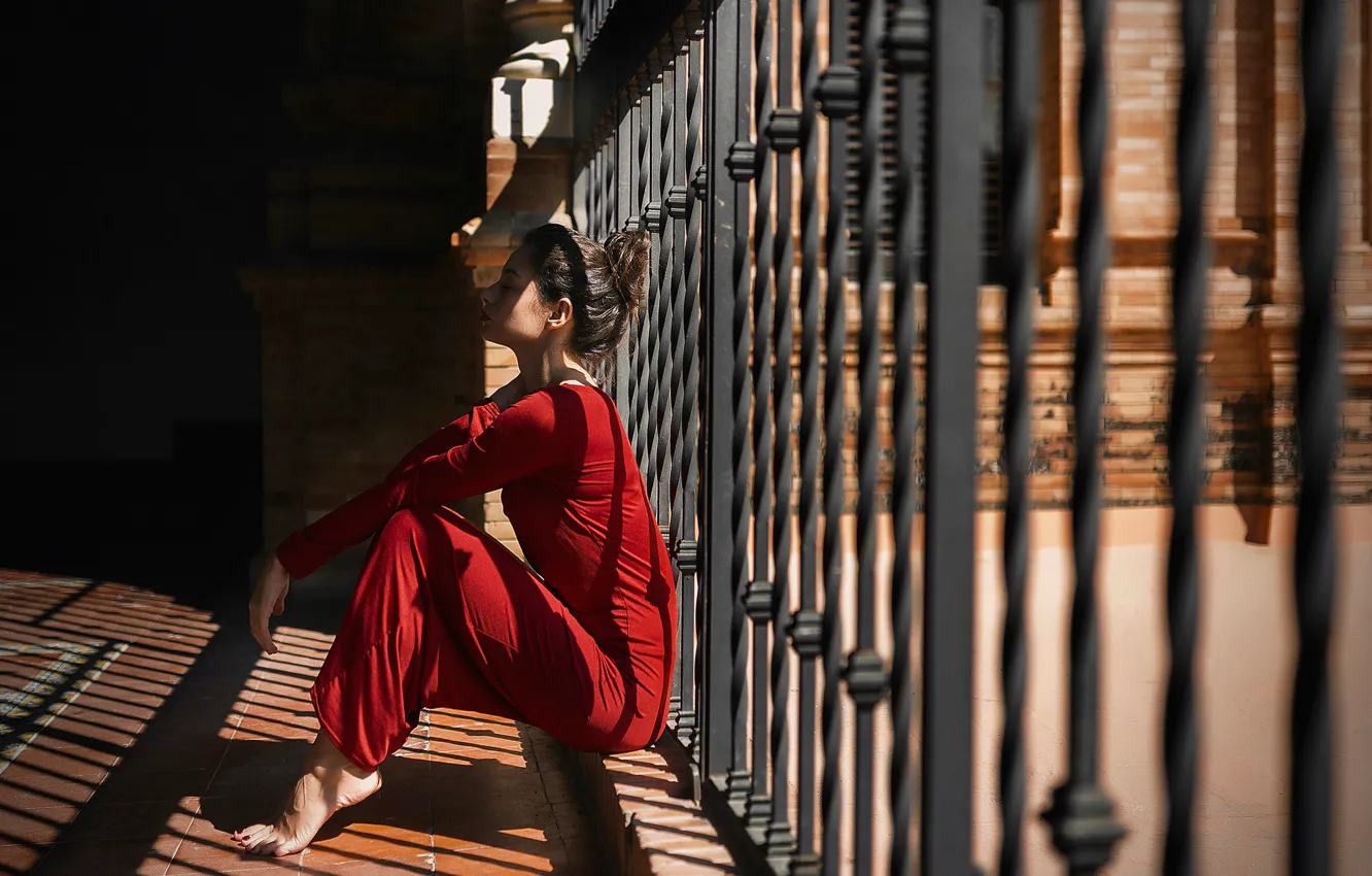 Фото обои девушка, поза, настроение, тень, ограда, красное платье, Claudia Guerrero Pascual