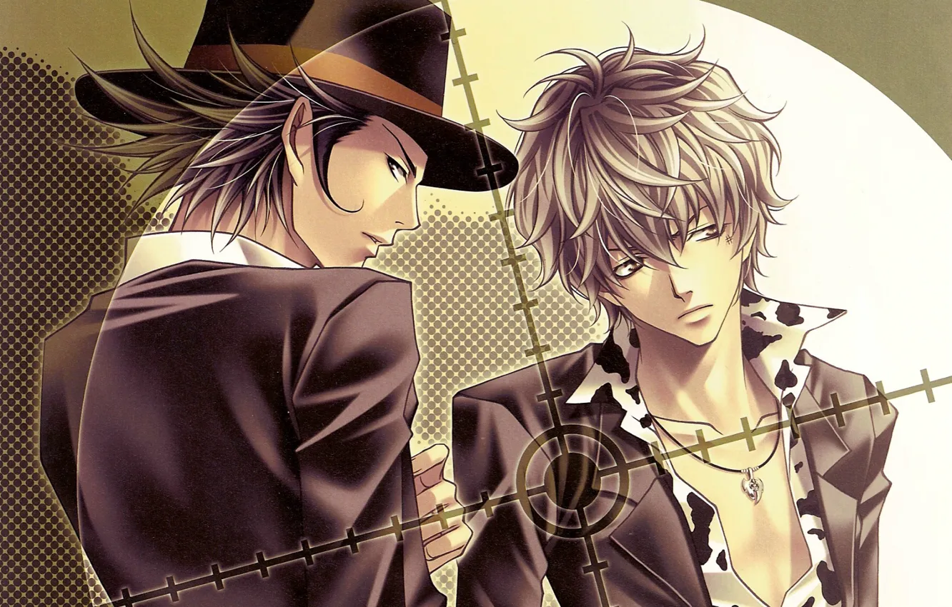Фото обои шляпа, двое, прицел, art, lambo, мафия, katekyo hitman reborn, arcobaleno