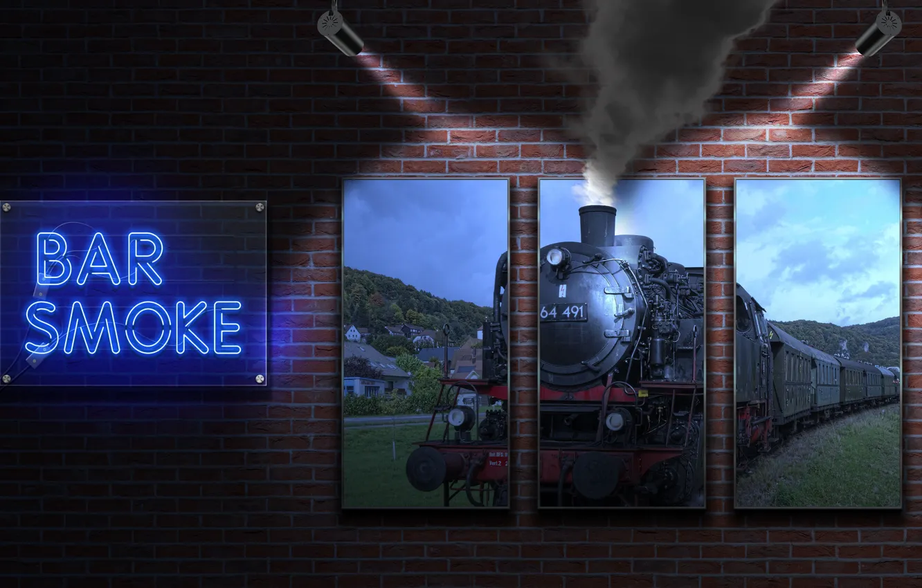 Фото обои steam locomotive, neon sign, bar smoke, my works
