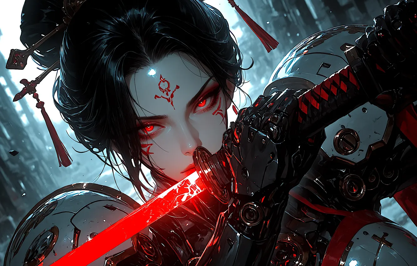 Фото обои girl, sword, fantasy, armor, red eyes, katana, digital art, artwork