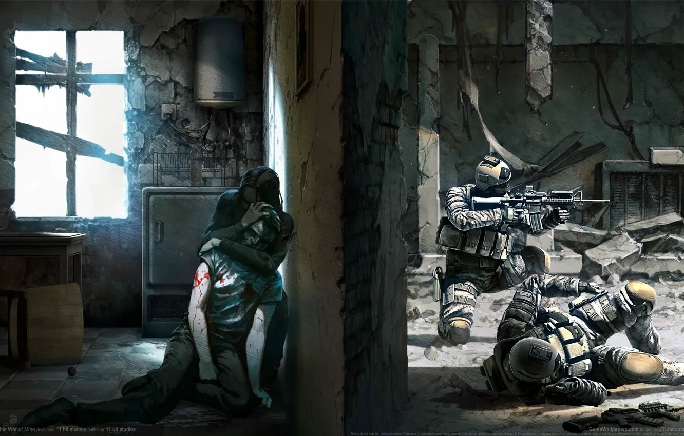 Фото обои оружие, солдаты, схватка, перестрелка, подвал, game wallpapers, This War of Mine