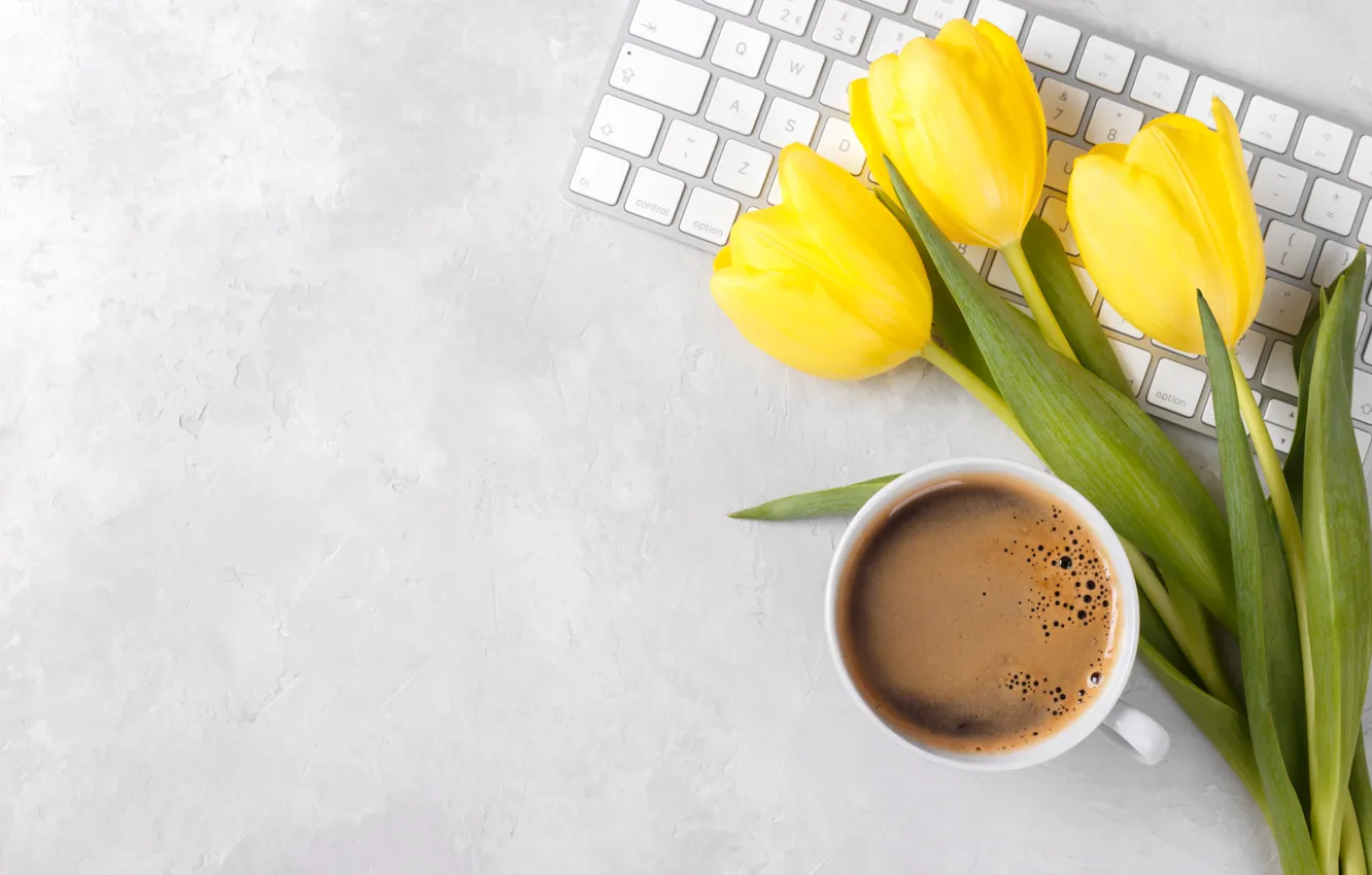 Фото обои цветы, букет, colorful, тюльпаны, yellow, flowers, tulips, coffee cup
