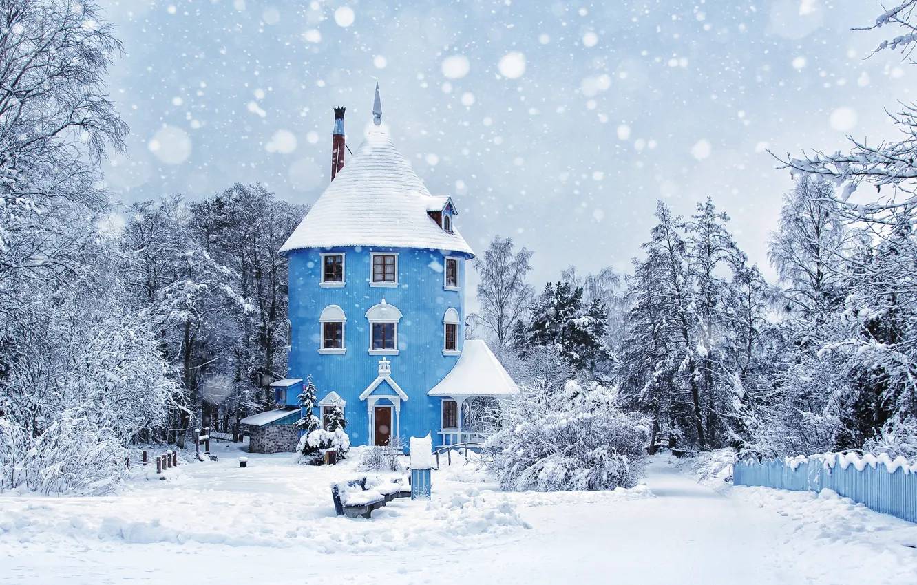 Фото обои зима, снег, деревья, дом, двор, участок