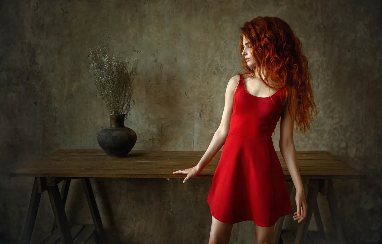 Фото обои взгляд, девушка, поза, фото, волосы, платье, рыжая, Альберт Лесной