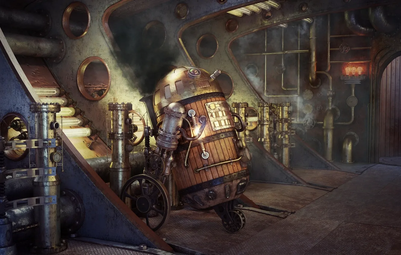 Фото обои трубы, дым, робот, Star Wars, арт, R2D2, steampunk