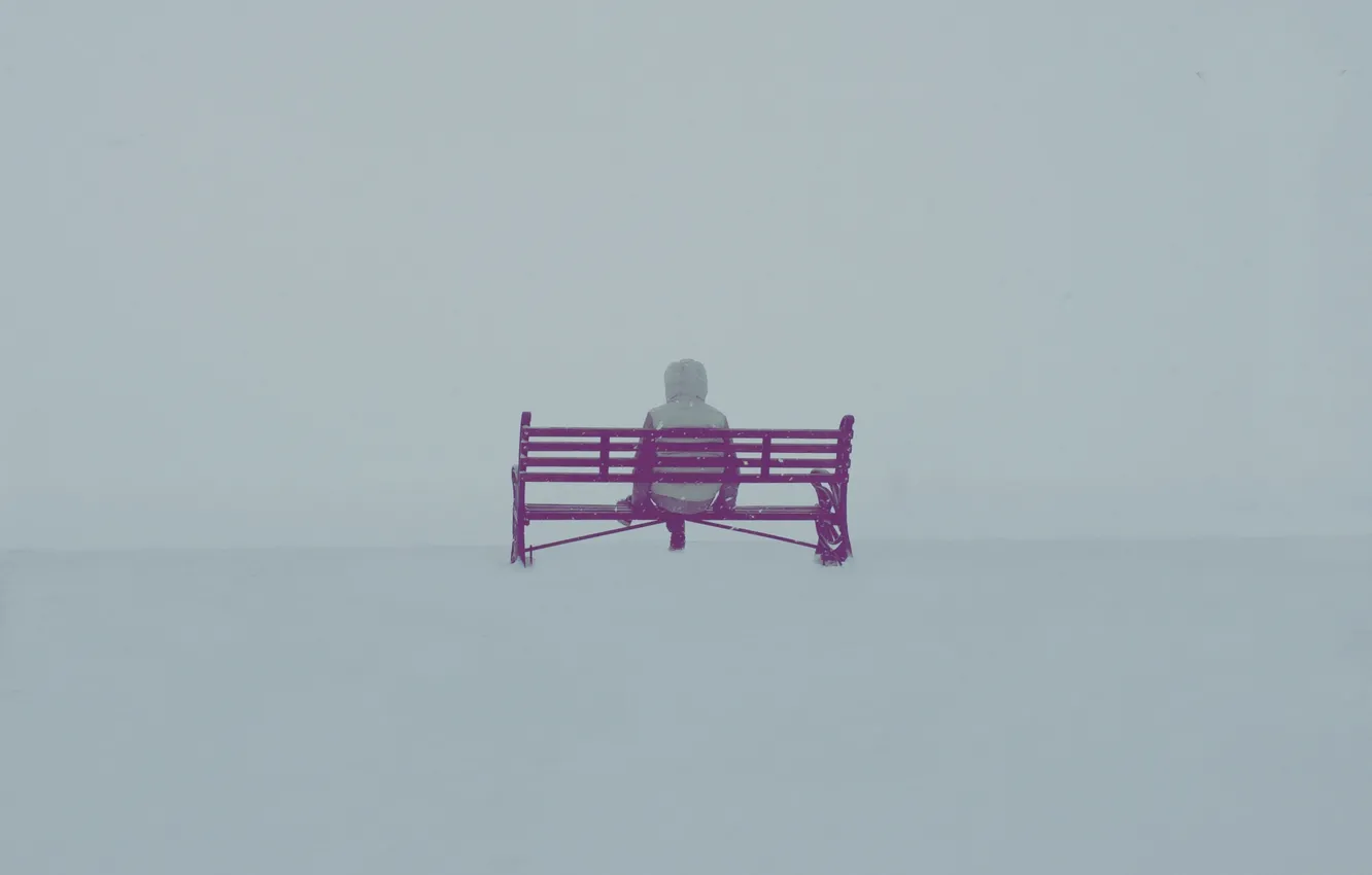 Фото обои зима, снег, человек, скамейки