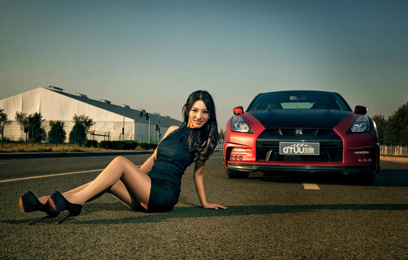 Фото обои машина, авто, девушка, модель, азиатка, автомобиль, nissan GT-R, korean model
