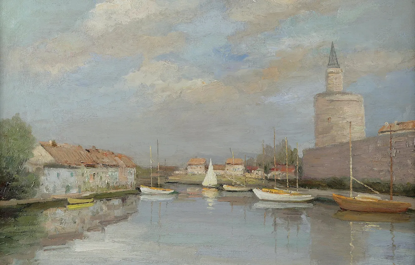 Фото обои пейзаж, город, река, дома, картина, лодки, канал, крепость
