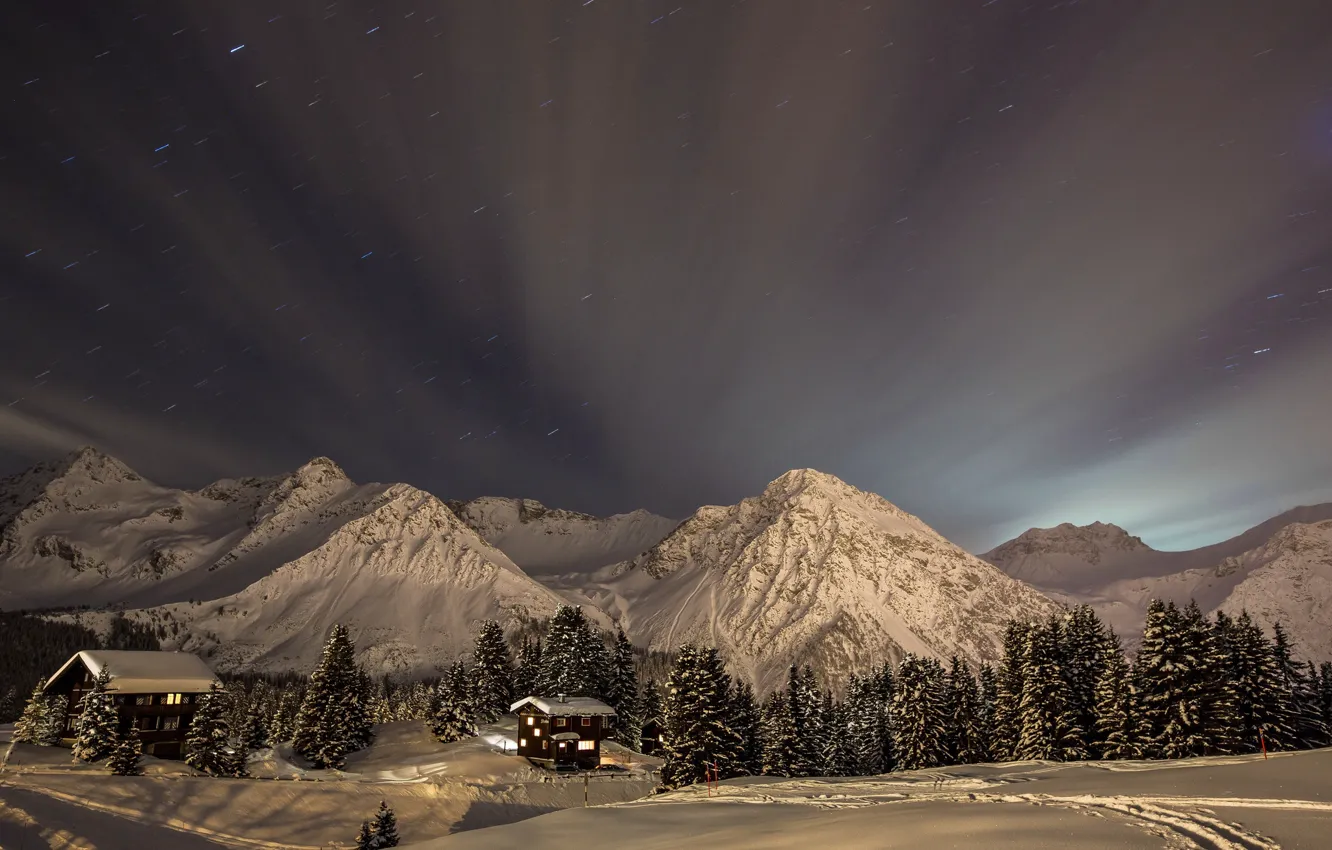 Фото обои зима, небо, снег, деревья, пейзаж, горы, природа, дома