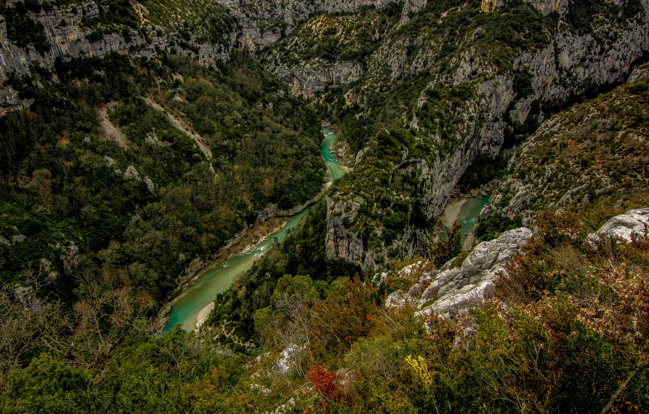Фото обои деревья, горы, река, камни, скалы, Франция, Альпы, каньон