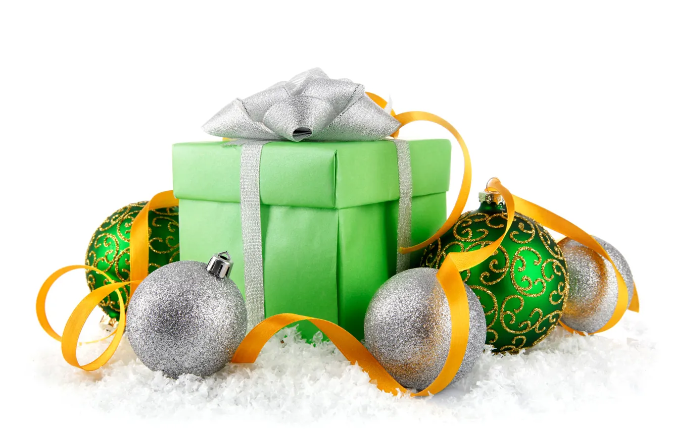 Фото обои украшения, подарок, шары, Новый Год, Christmas, balls, snow, New Year