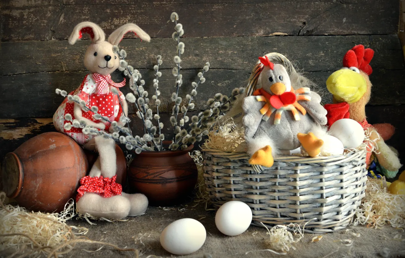 Фото обои игрушки, яйцо, курица, кролик, Пасха, корзинка, верба