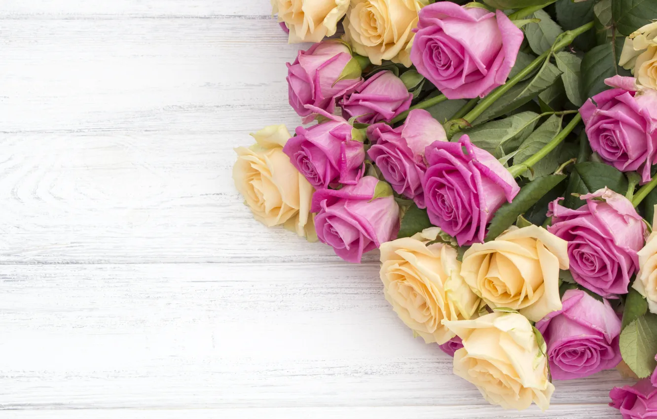 Фото обои цветы, розы, букет, желтые, розовые, бутоны, pink, flowers