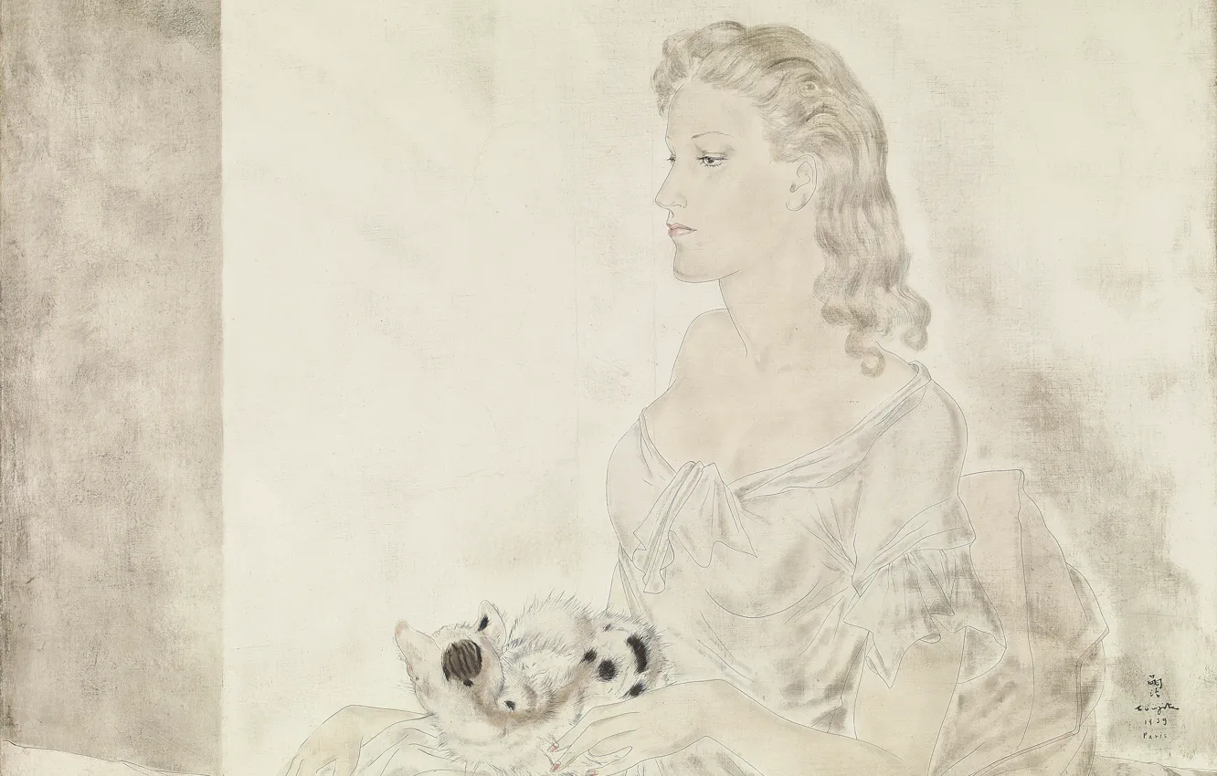 Фото обои масло, чернила, холст, 1939, Модерн, Цугухару, Фудзита, Женщина с котенком