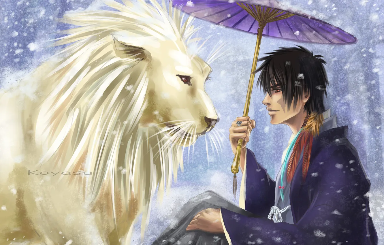 Фото обои снег, лев, зонт, аниме, перья, арт, парень, Katekyo Hitman Reborn