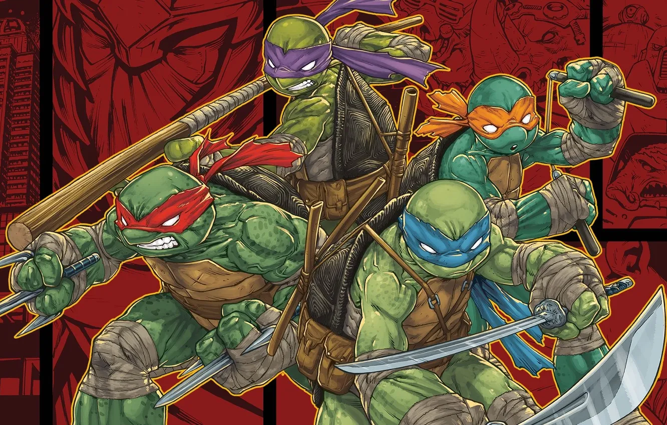 Фото обои оружие, меч, трезубец, братья, Рафаэль, Raphael, Leonardo, Donatello