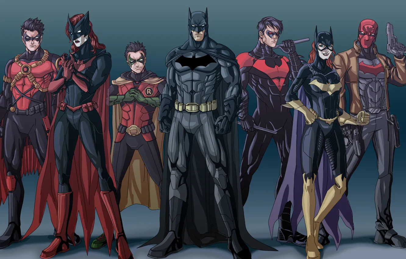 Фото обои Batman, Bruce Wayne, Batgirl, Red Hood, Tim Drake, Nightwing, Jason Todd, Bat-family