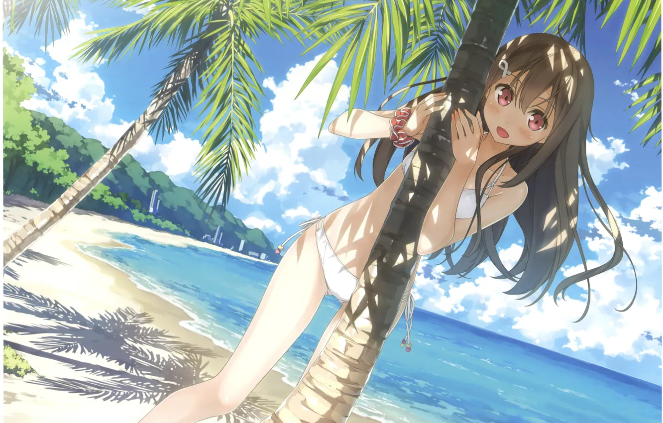 Фото обои пальмы, каникулы, на пляже, голубое небо, visual novel, в бикини, берег океана, by Kantoku