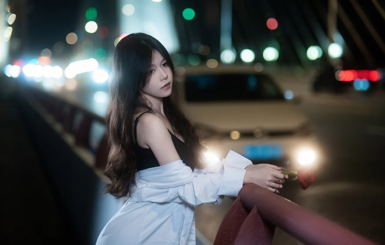 Фото обои Dark, Car, Beautiful, Asian, Model, Flower, Rose, Bridge