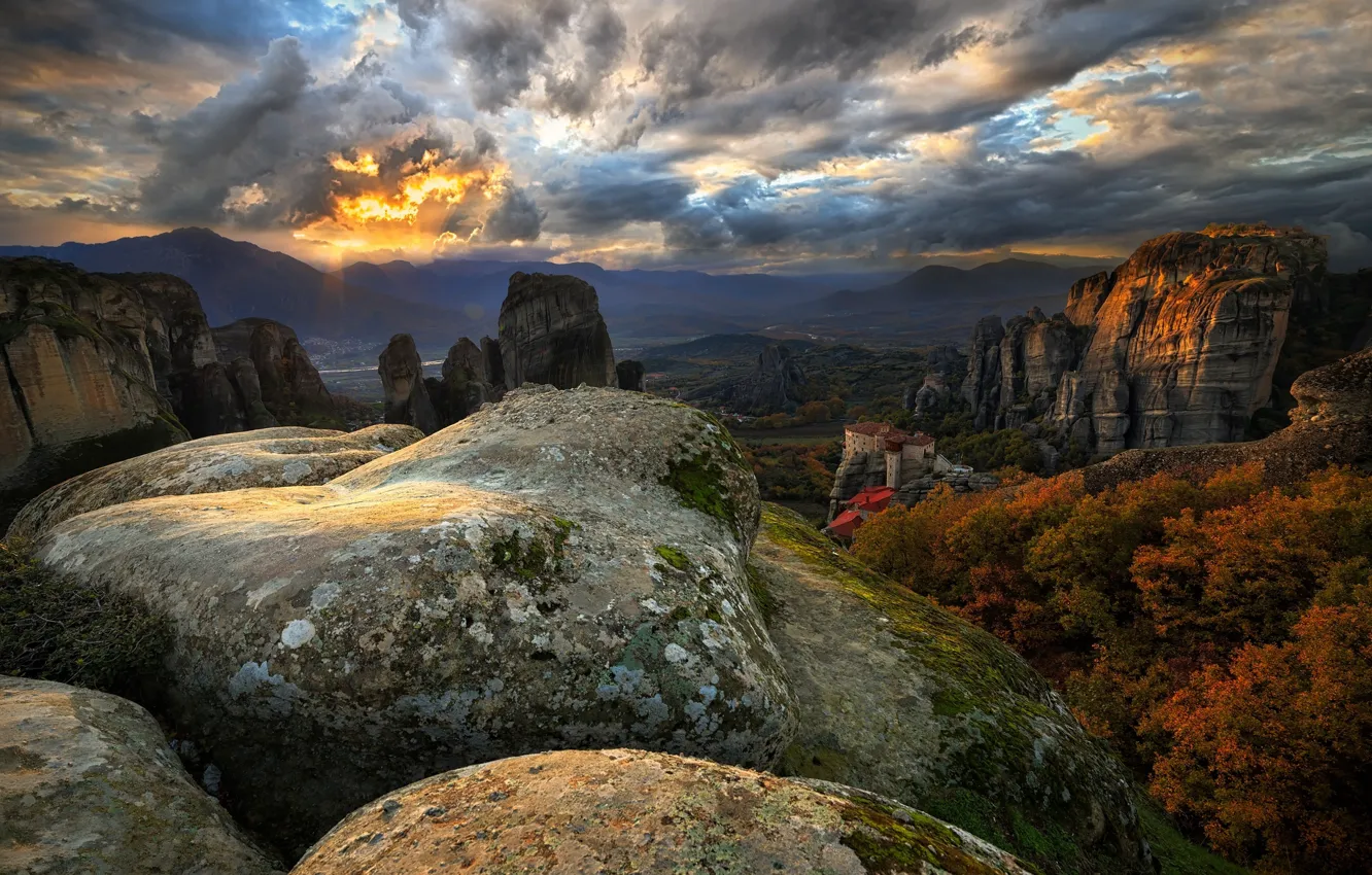 Фото обои Греция, монастырь, Метеоры, ЮНЕСКО, всемирное наследие, Meteora