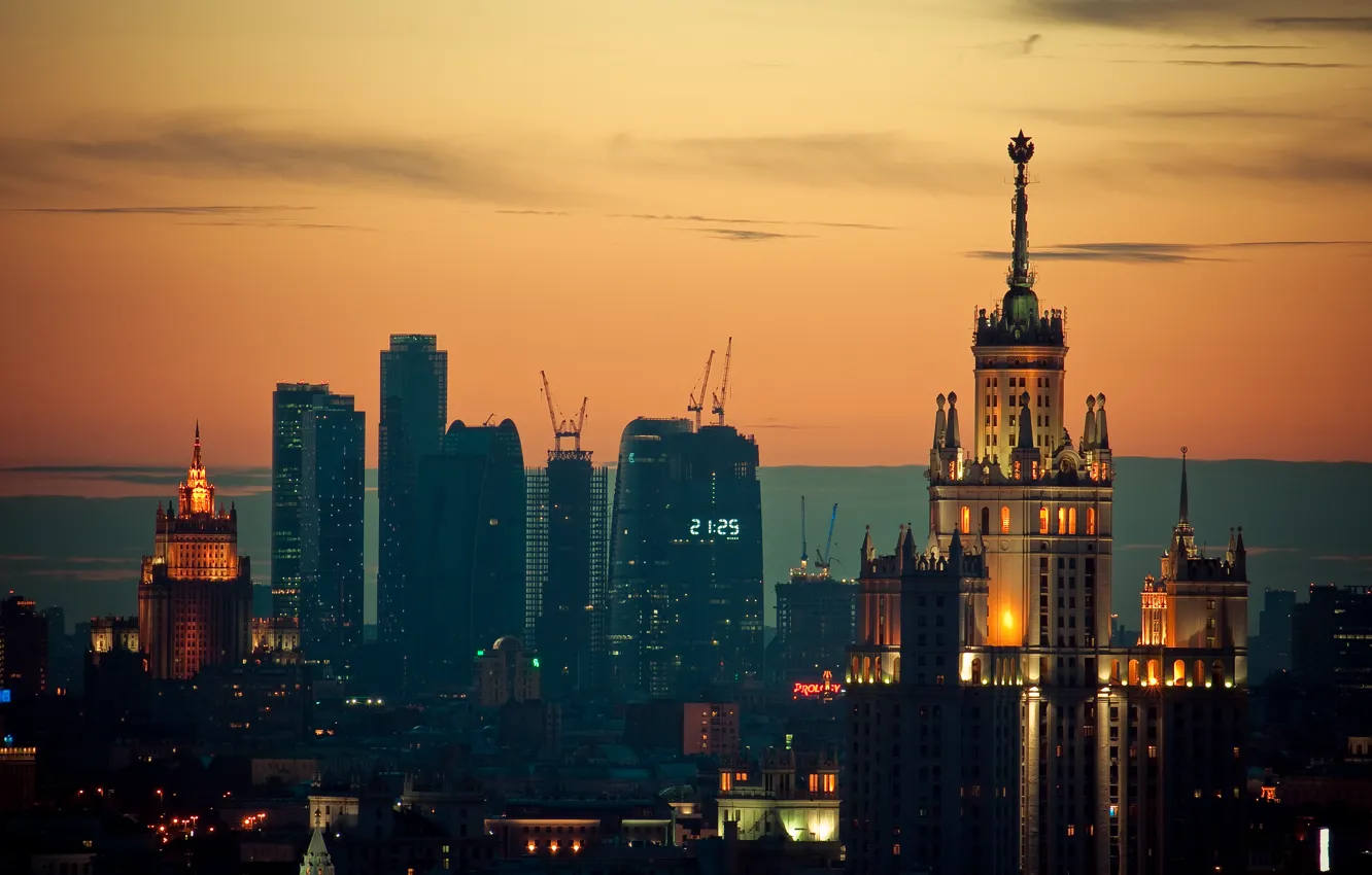 Фото обои закат, огни, Москва