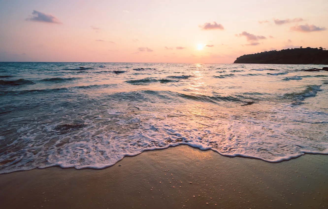 Фото обои песок, море, волны, пляж, лето, небо, закат, summer