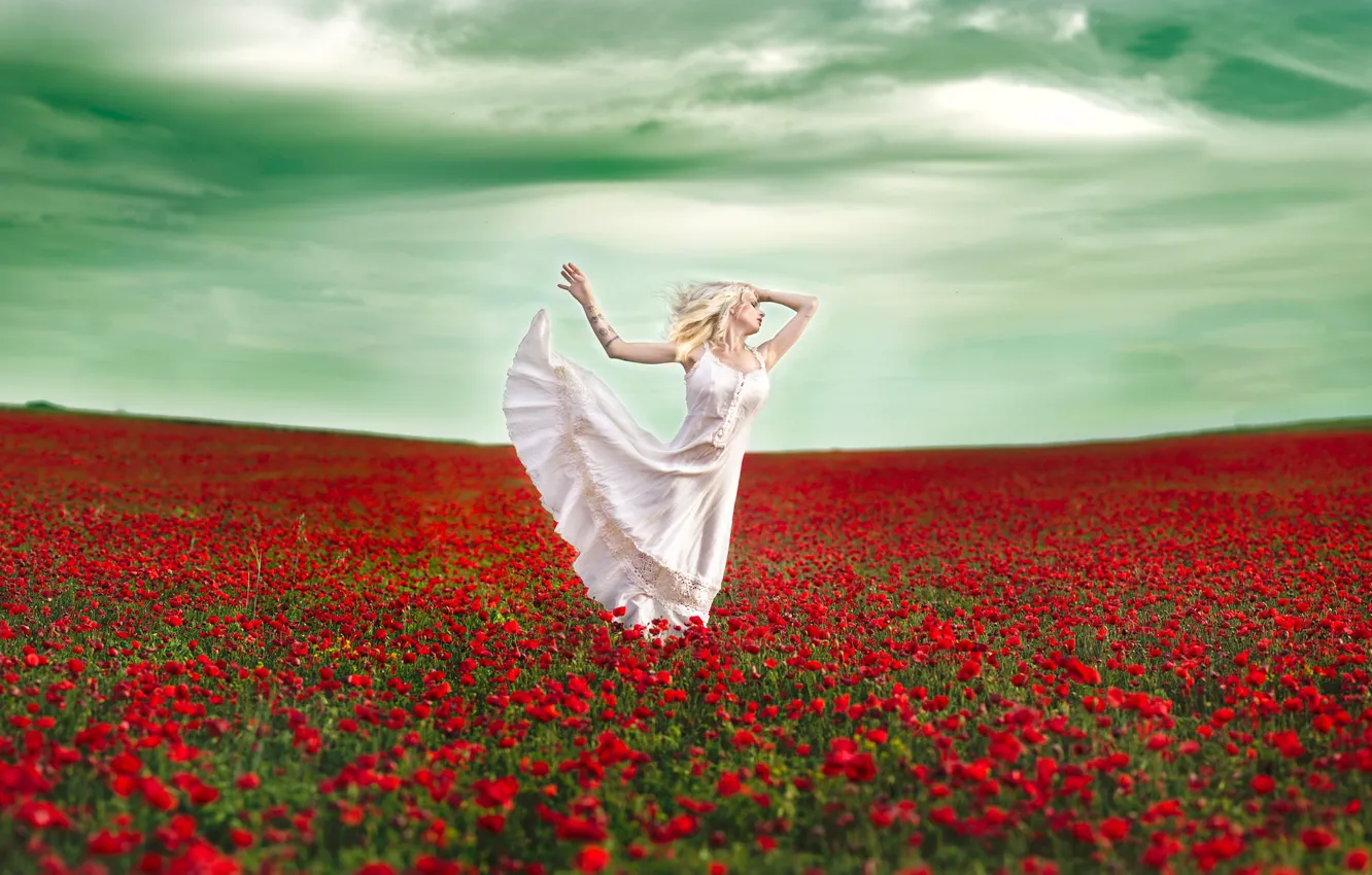 Фото обои поле, девушка, цветы, настроение, маки, танец, платье, Vanessa Galway