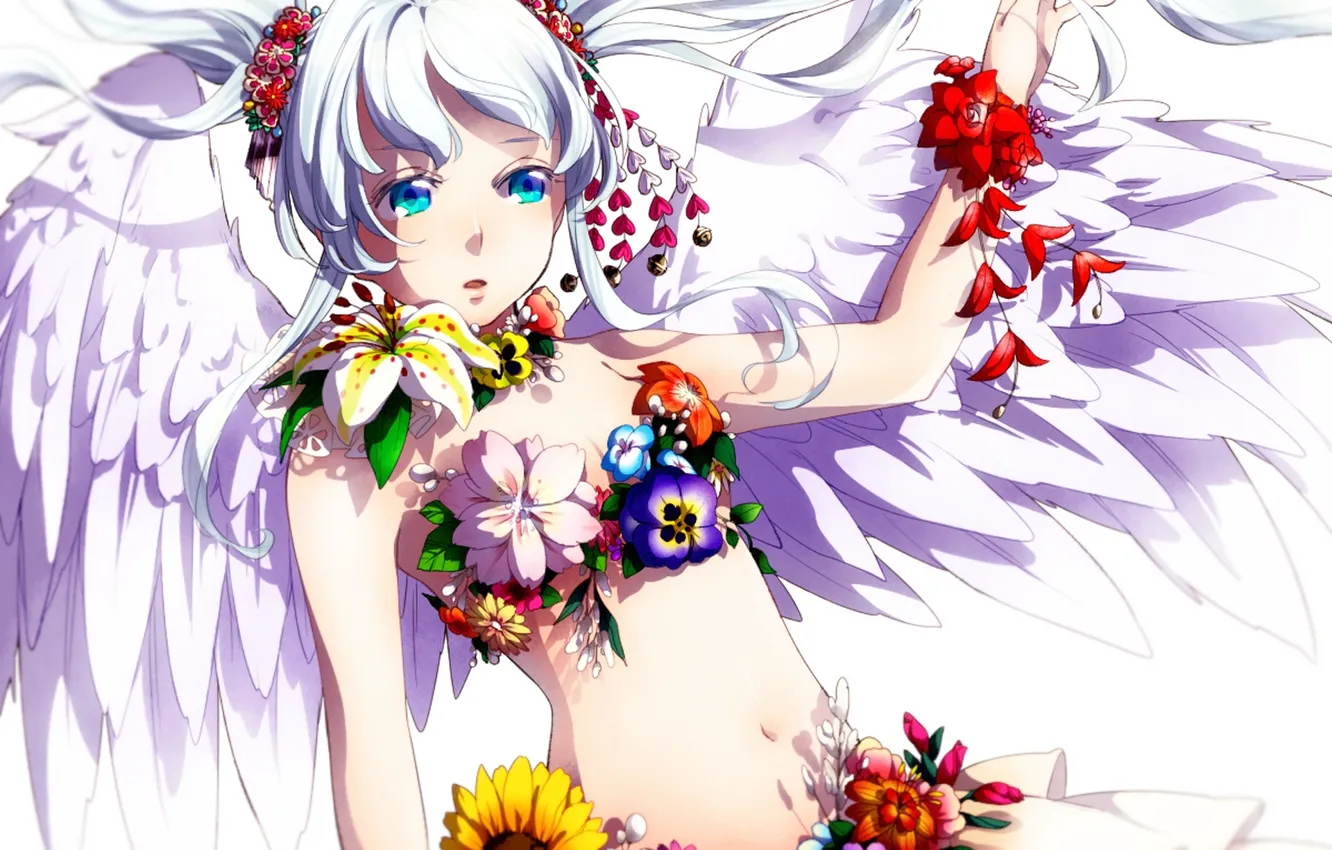 Фото обои девушка, цветы, крылья, подсолнух, ангел, арт, vocaloid, hatsune miku