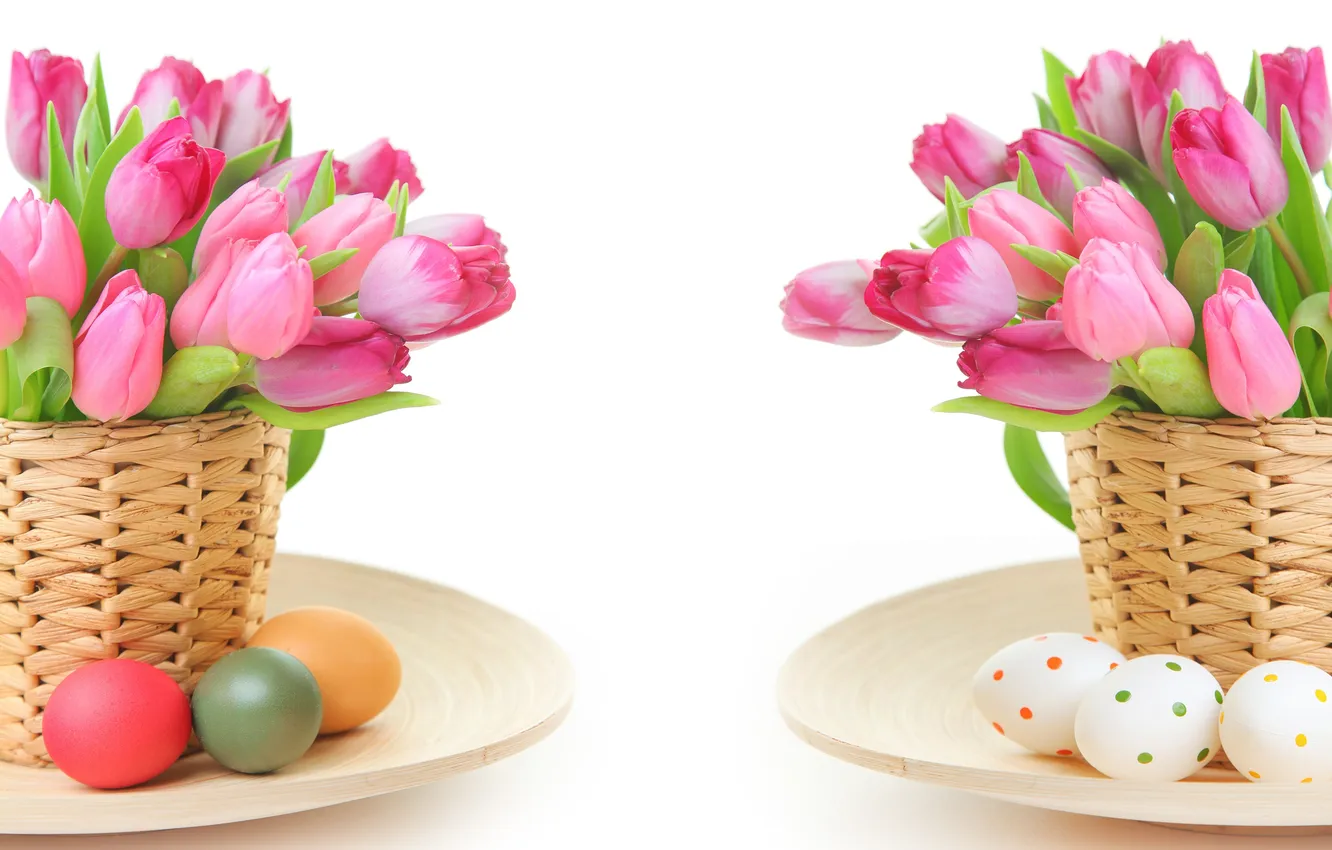 Фото обои цветы, яйца, Пасха, тюльпаны