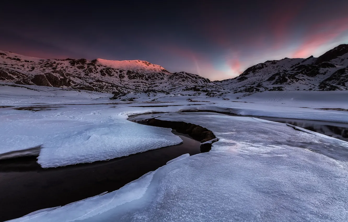 Фото обои зима, снег, горы, природа, река, рассвет