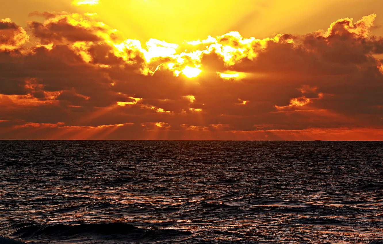 Фото обои море, солнце, облака, закат, горизонт