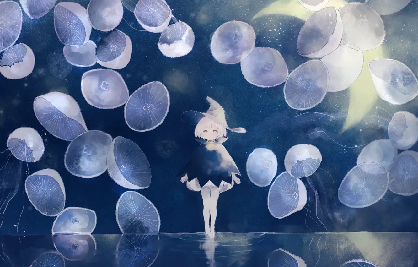 Фото обои вода, ночь, фэнтези, медузы, девочка, ведьма