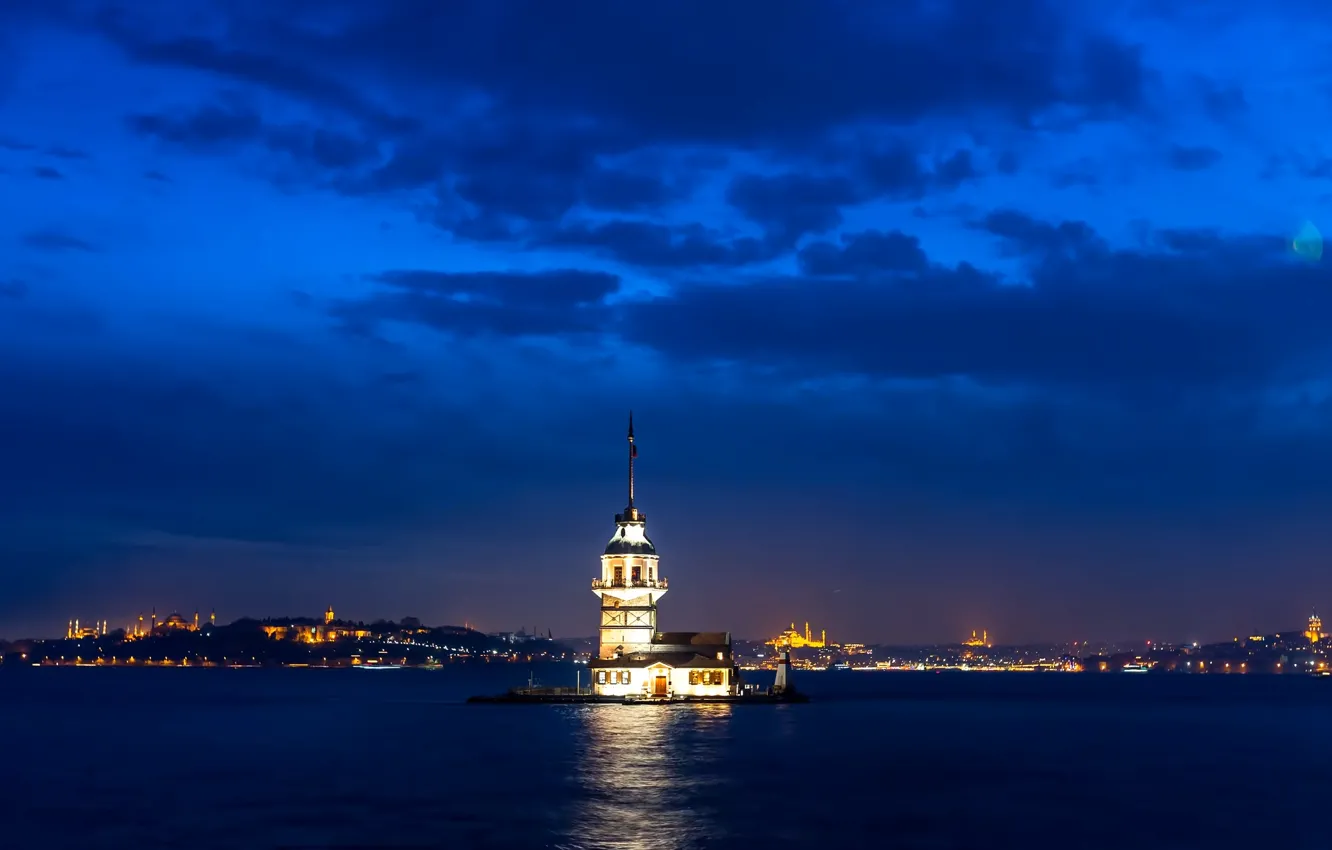 Фото обои Стамбул, Турция, Istanbul, Turkey, Девичья башня, Maiden Tower, Sea of Marmara, Maiden's Tower