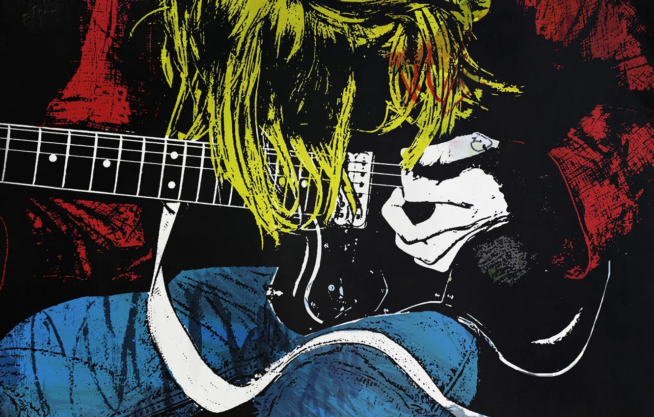 Фото обои стиль, волосы, гитара, арт, гитарист, музыкант, kurt cobain