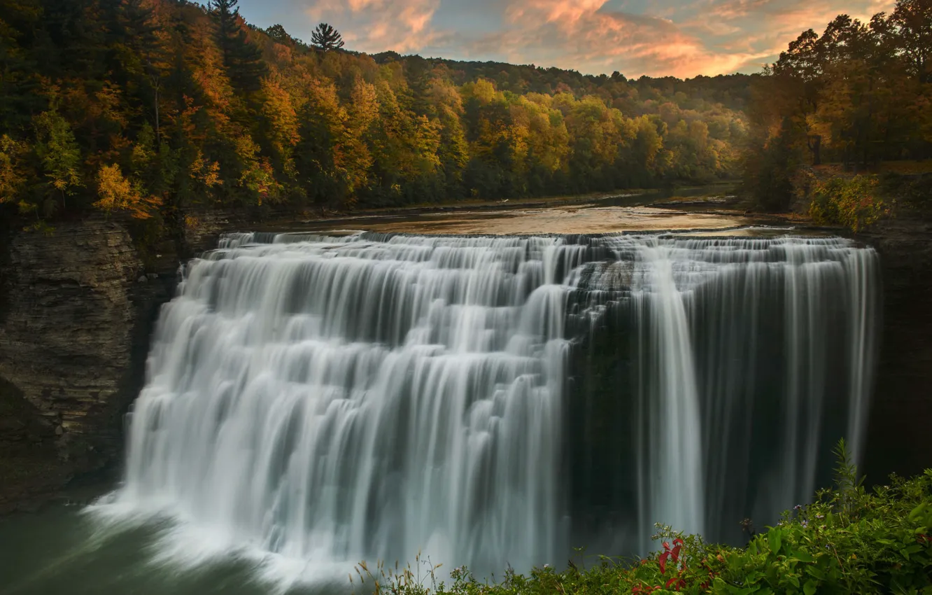 Фото обои осень, лес, река, водопад, поток, Нью-Йорк, New York, водопад Мидл Фолс