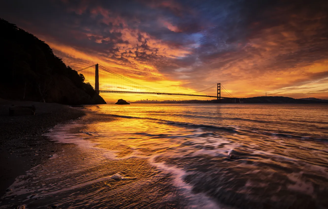Фото обои небо, облака, мост, пролив, зарево, Сан-Франциско, Золотые Ворота, США