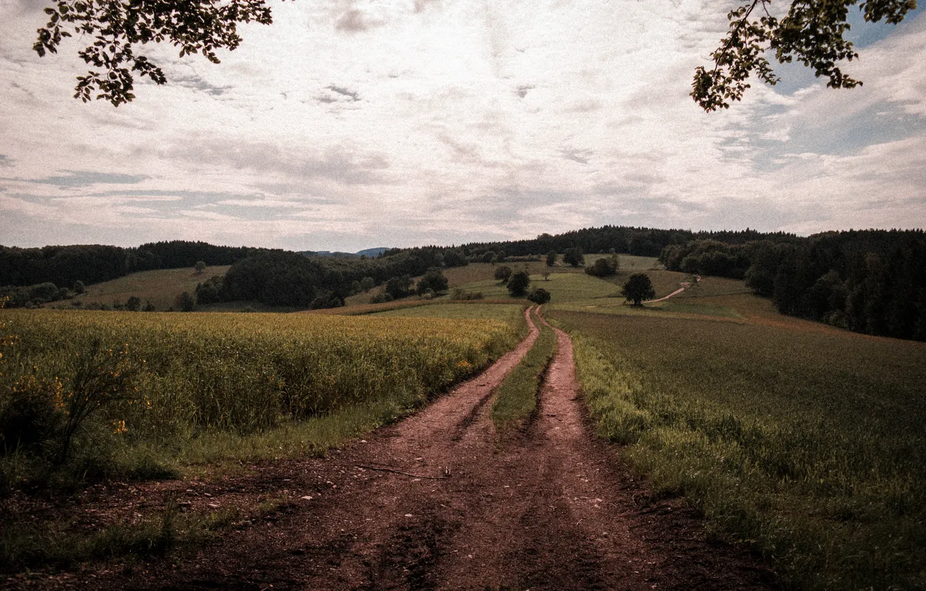 Фото обои Sky, Earth, Dirt, Germany, Cloudy, Road, Hills, Fields
