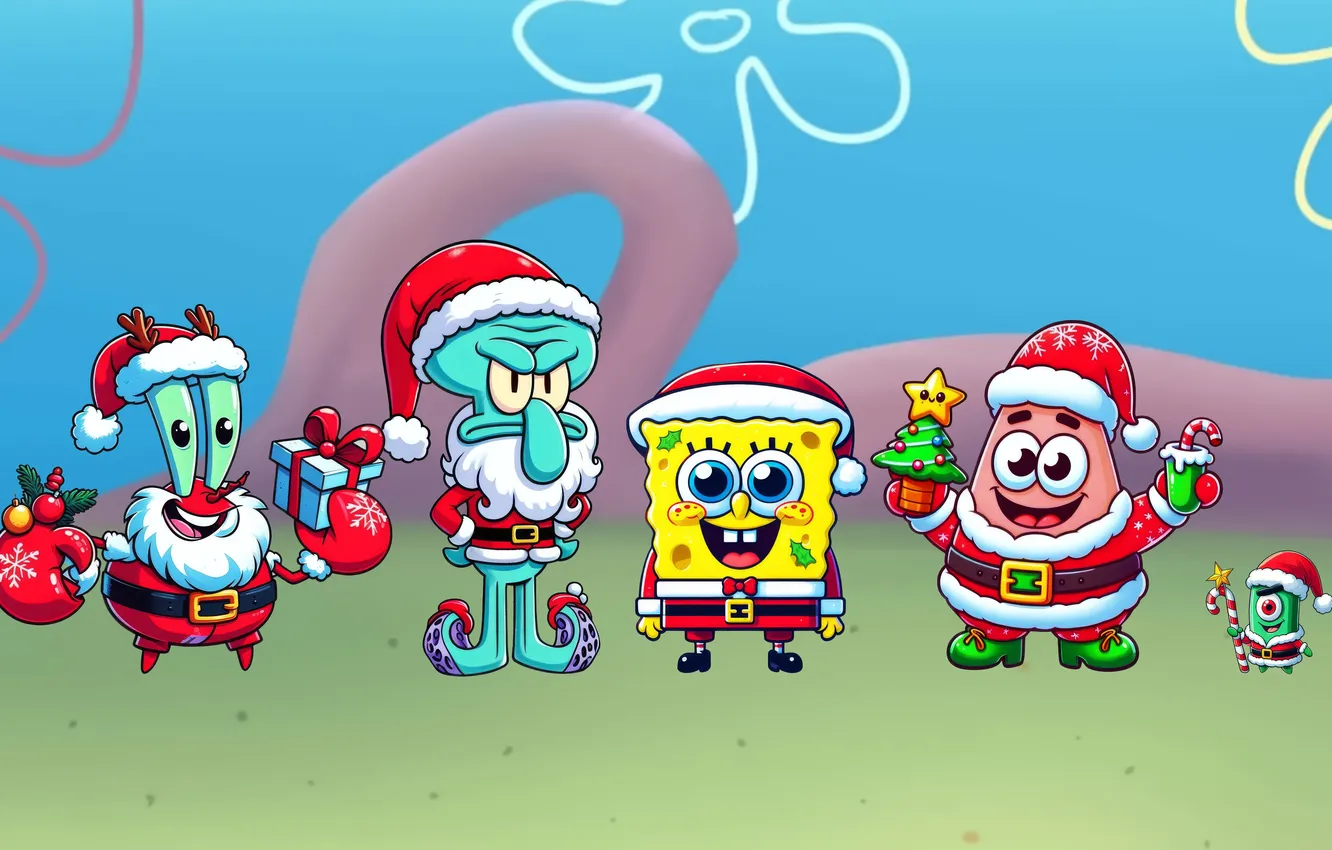 Фото обои позитив, Рождество, Christmas, Patrick, Squidward, Праздник, Патриком, Рождество с Губкой Бобом