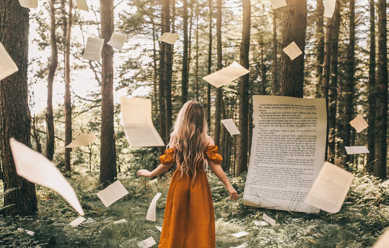 Фото обои лес, девушка, книга, страницы, Adam Bird