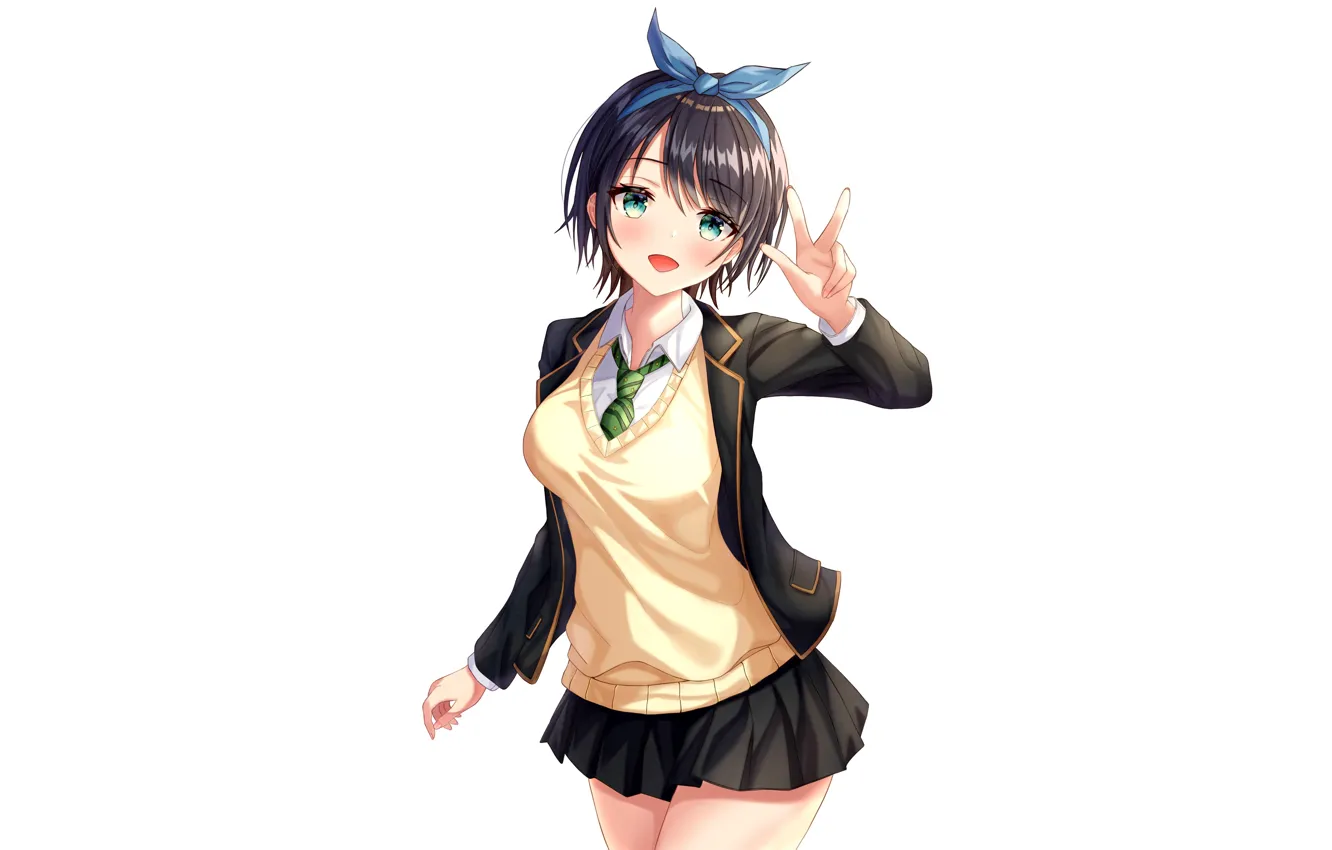 Фото обои girl, green eyes, anime, beautiful, short hair, pretty, brunette, attractive