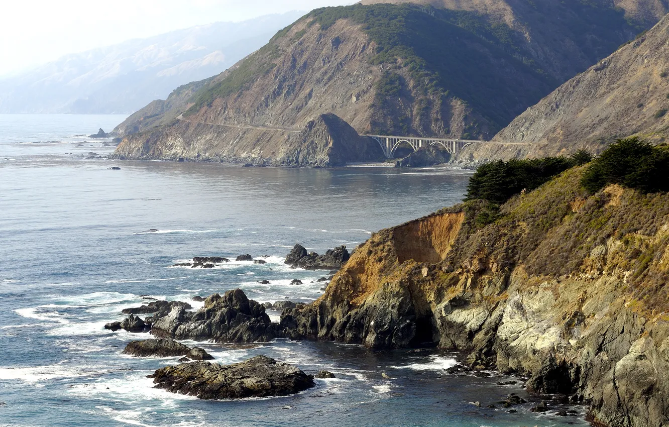 Фото обои море, волны, вода, пейзаж, горы, камни, фото, океан