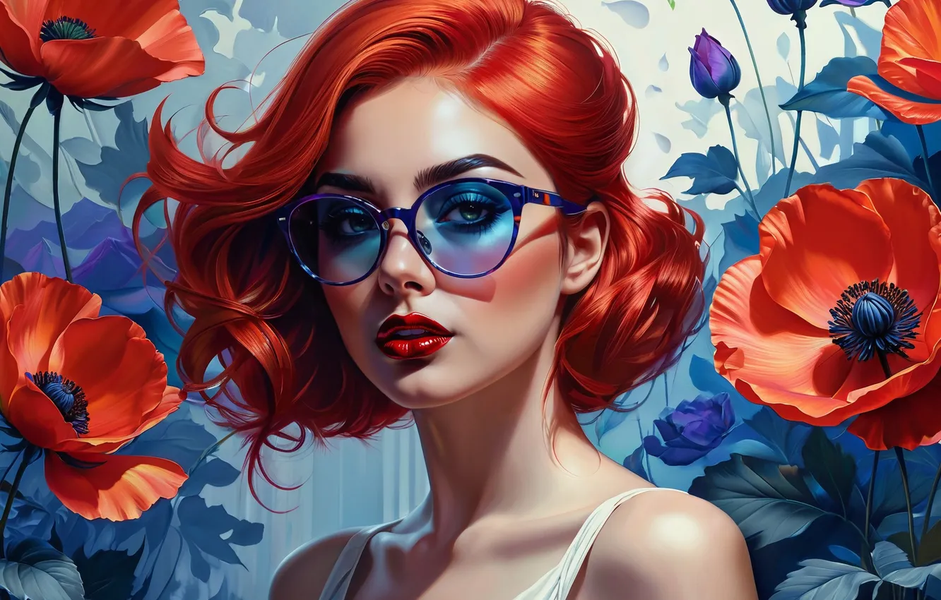 Фото обои девушка, цветы, маки