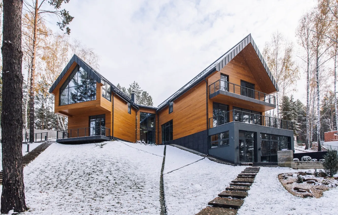 Фото обои зима, снег, дом, окна, house, forest, архитектура, sky