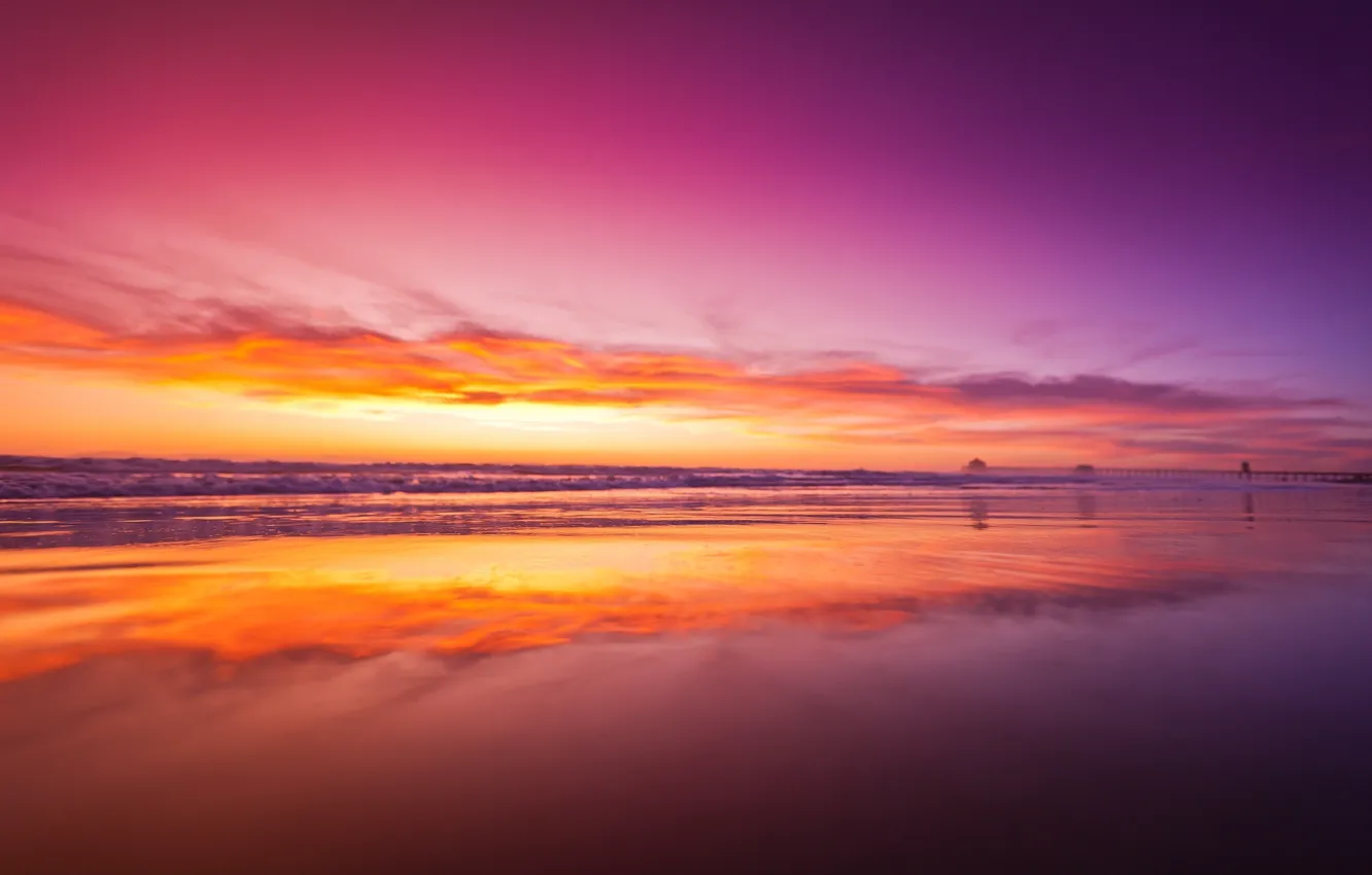 Фото обои пляж, небо, океан, рассвет, горизонт