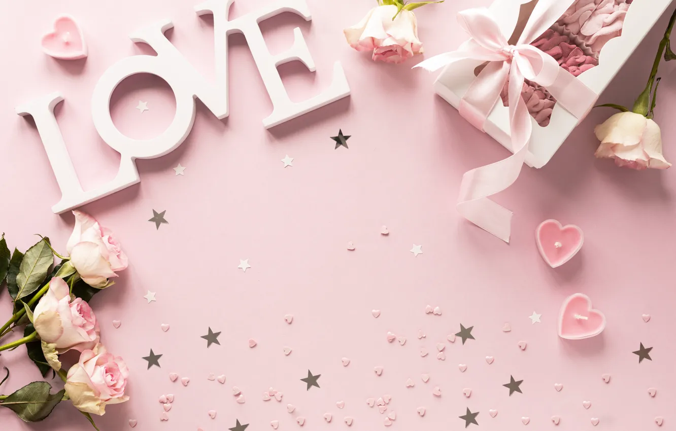 Фото обои буквы, фон, розовый, коробка, Love, розы, свечи, зефир