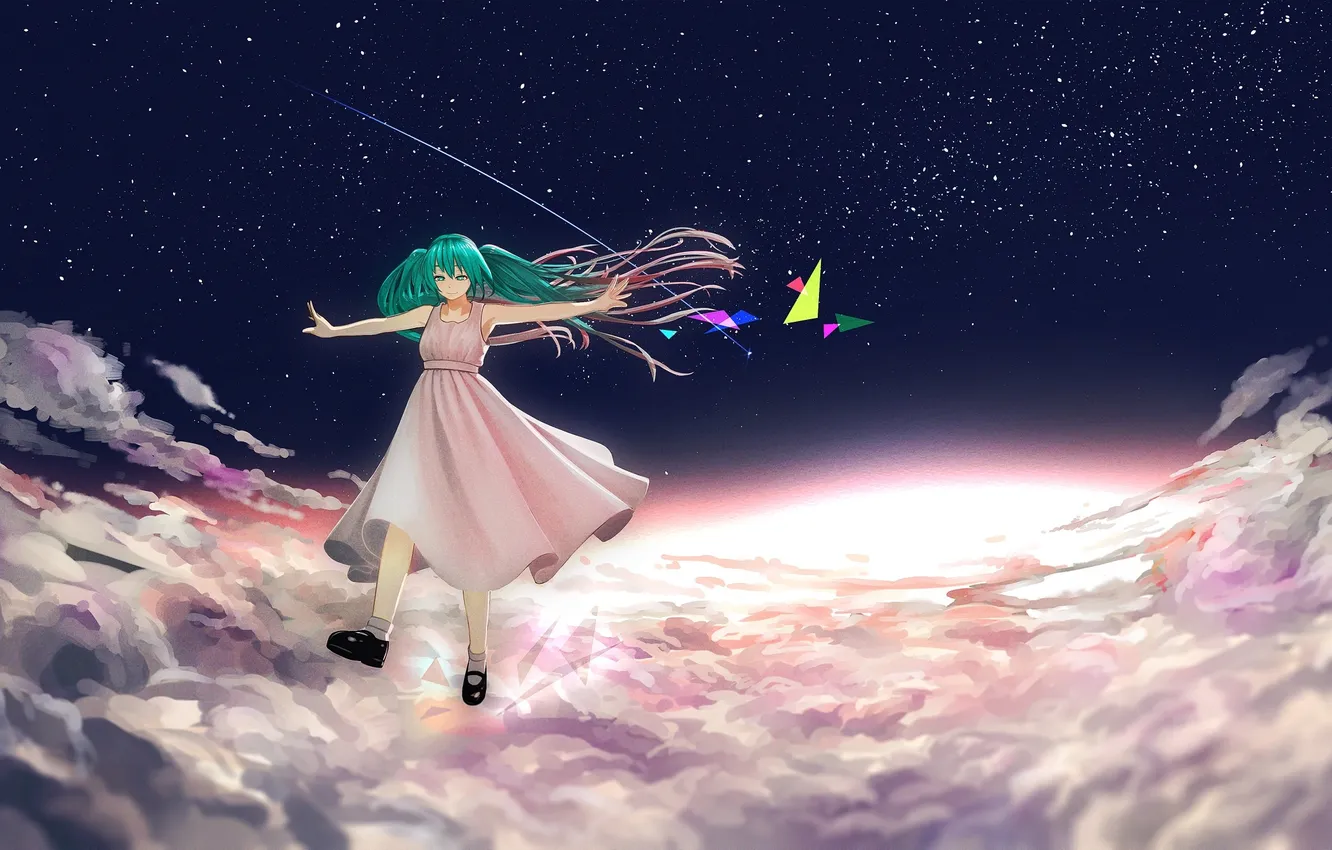 Фото обои небо, девушка, звезды, облака, закат, аниме, арт, hatsune miku
