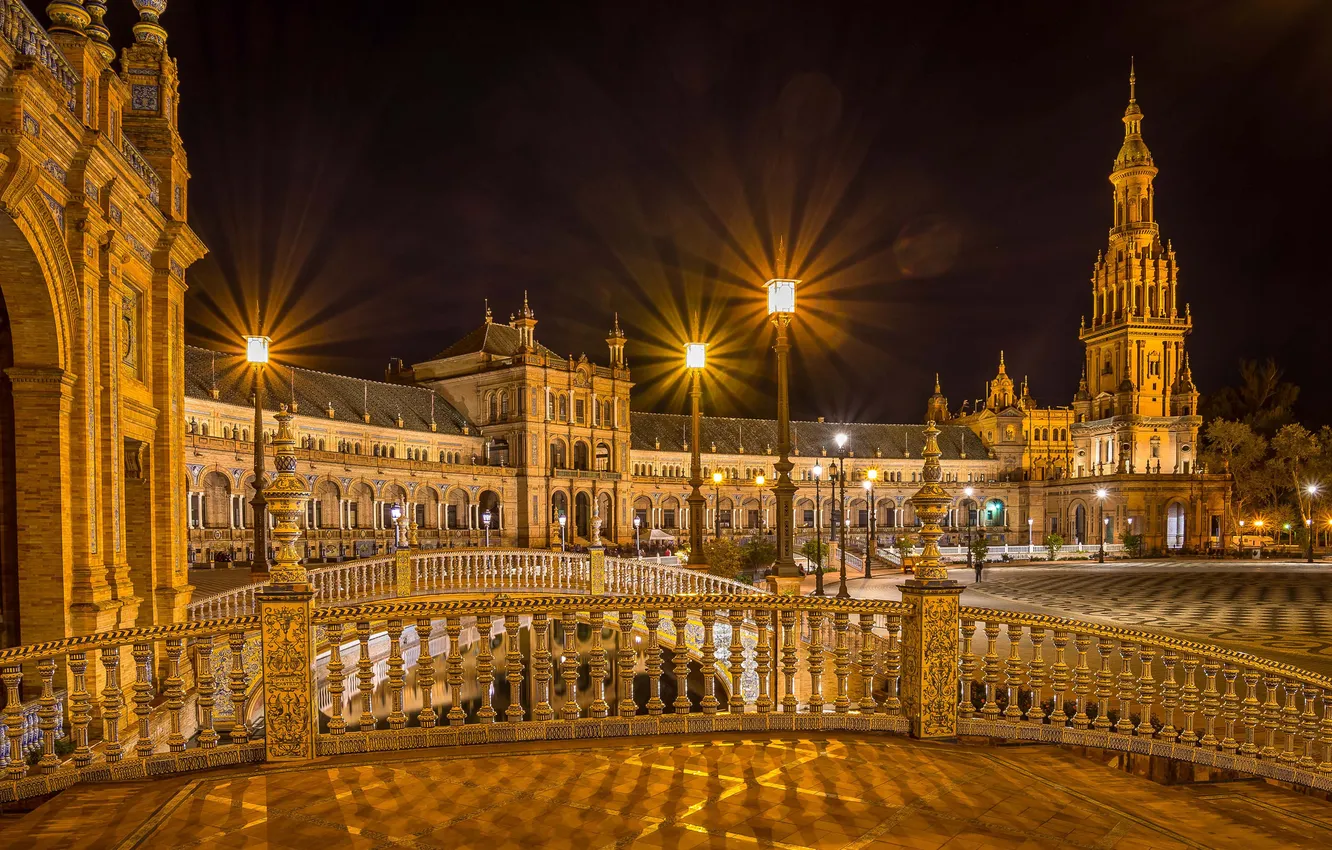 Фото обои ночь, мост, огни, канал, Испания, дворец, Севилья, площадь Испании