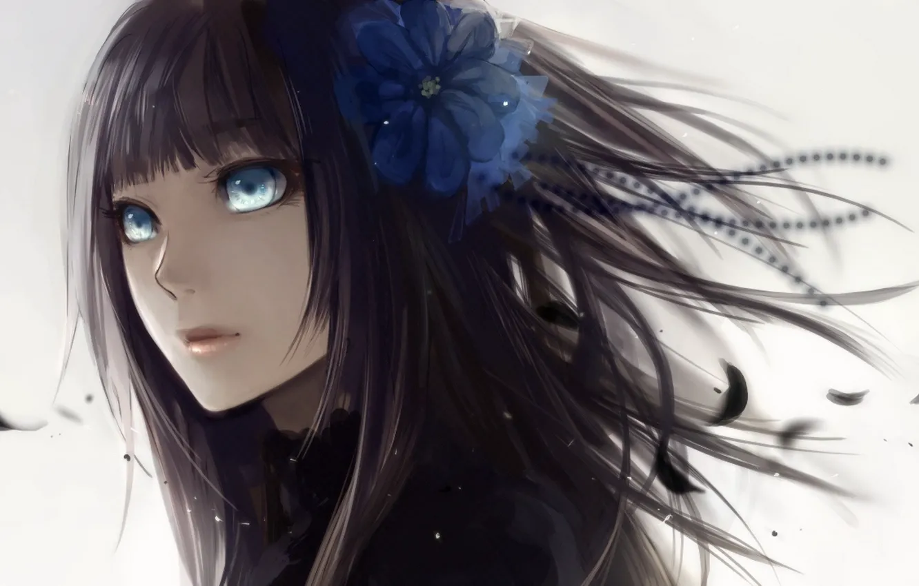 Фото обои цветок, девушка, лепестки, челка, чёрные волосы, простой фон